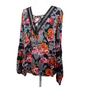 Romeo + Juliet Floral Tunic Top L Lace Tie Neck Long Sleeve Boho Fairy Peasant